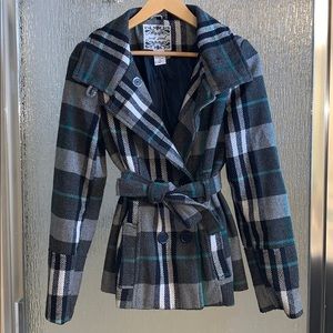 Plaid belted double breasted coat